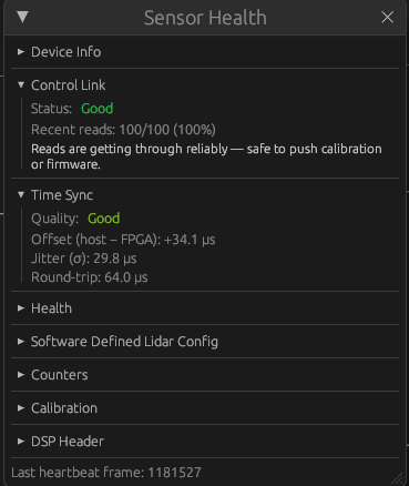 Sensor Health panel showing Control Link and Time Sync